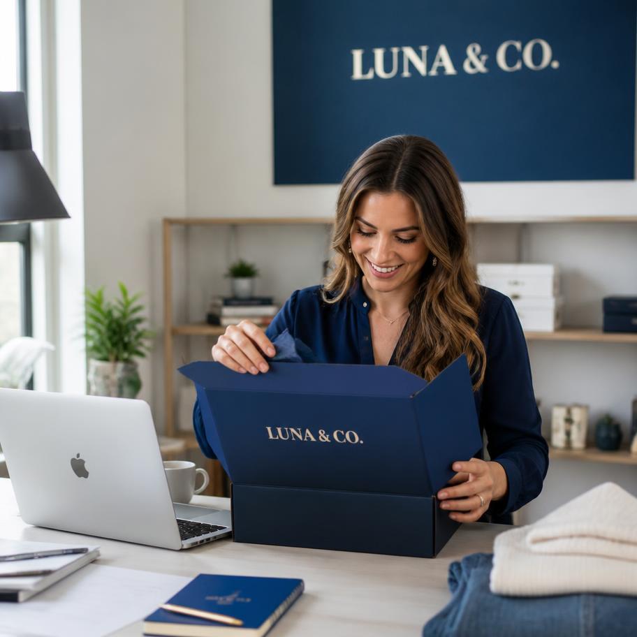 Smiling e-commerce brand owner opening a branded navy packaging box in her office