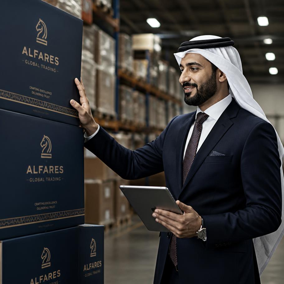 Businessman inspecting stacked branded packaging cartons in a modern warehouse