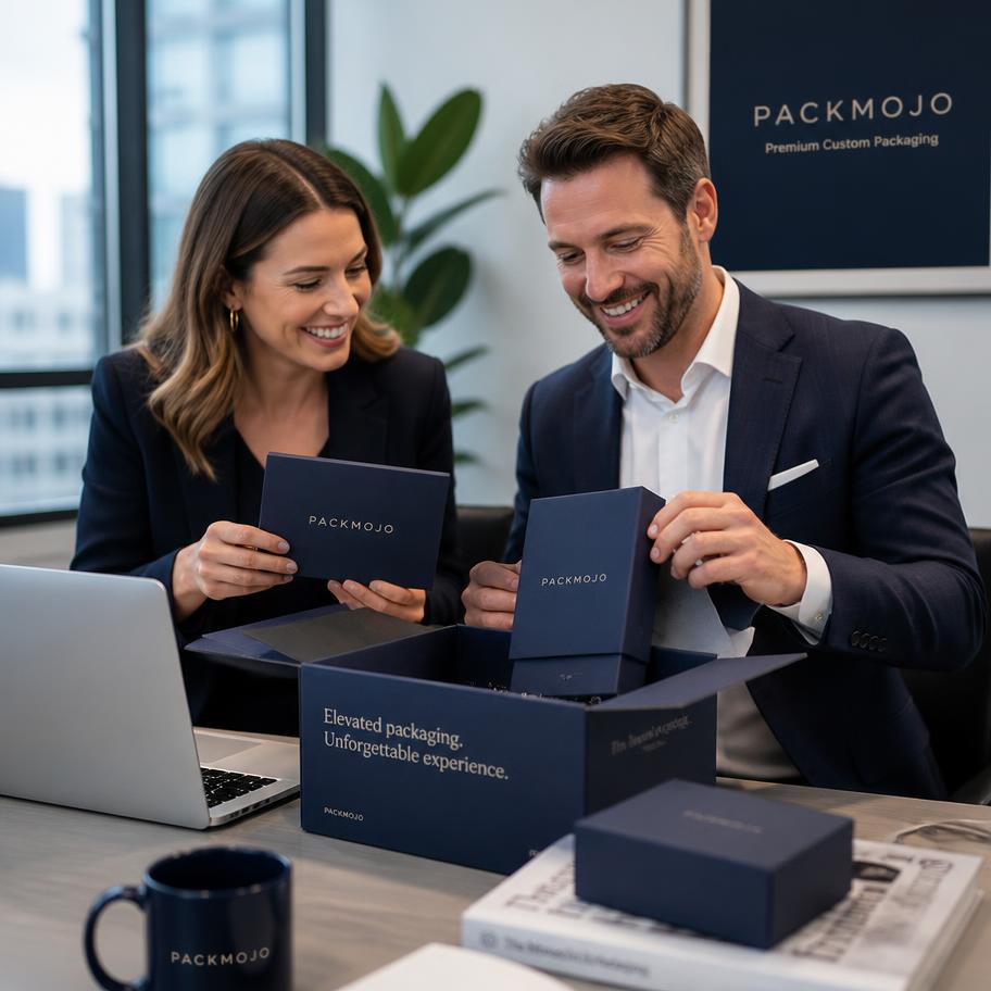 Two business partners smiling while reviewing custom packaging samples at an office desk