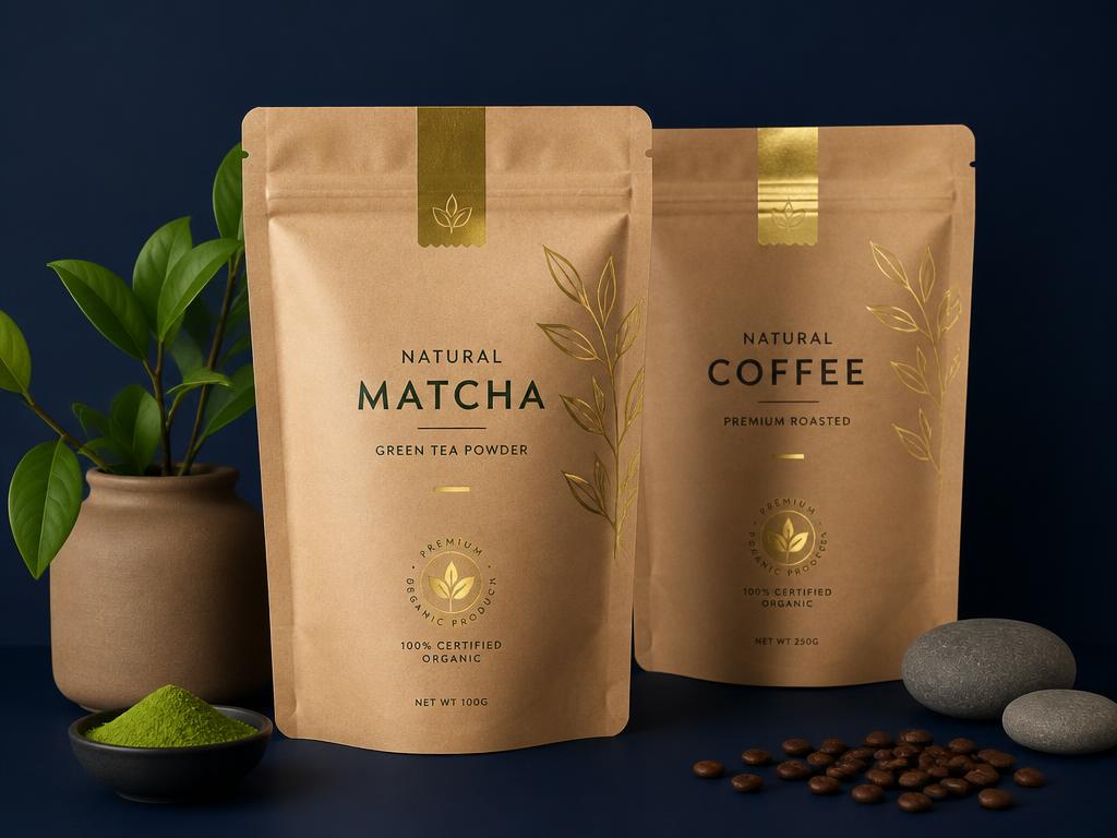 Eco-friendly kraft stand-up pouches with gold accent branding on a navy surface