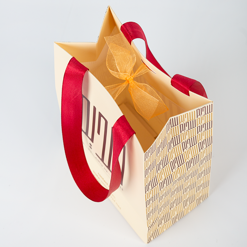 Cream gift bag with patterned print, red satin ribbon handles and organza bow