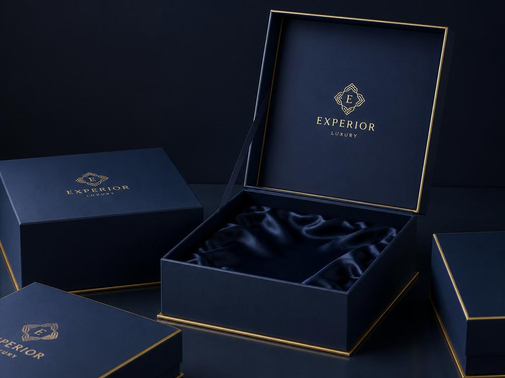 Luxury navy rigid gift boxes with gold foil edges and satin interior