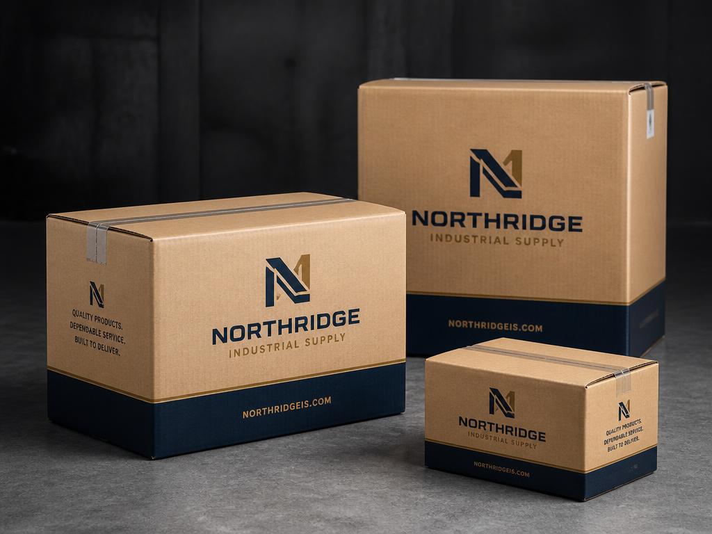 Branded corrugated shipping boxes printed in navy and gold
